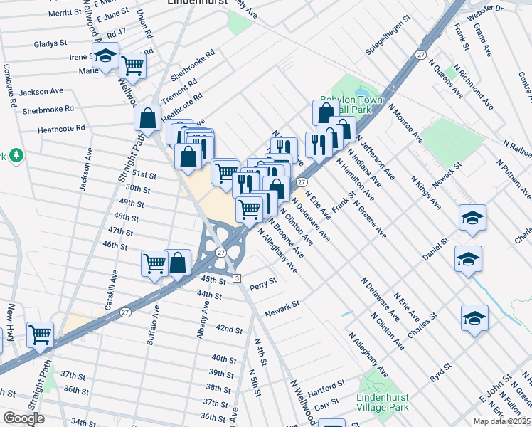map of restaurants, bars, coffee shops, grocery stores, and more near 5266 West Sunrise Highway in Lindenhurst