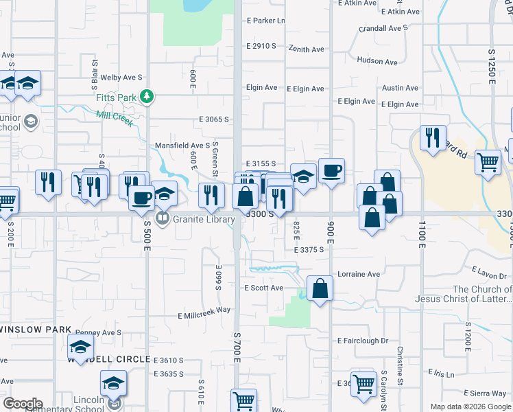 map of restaurants, bars, coffee shops, grocery stores, and more near 733 East 3300 South in Salt Lake City