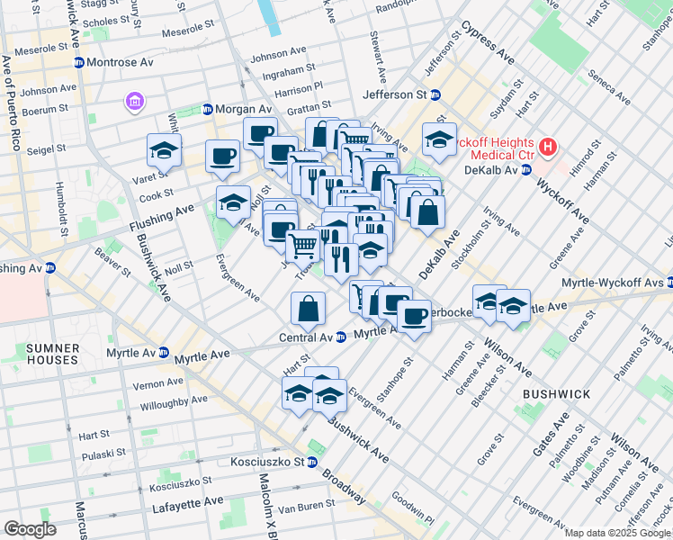 map of restaurants, bars, coffee shops, grocery stores, and more near 35 Starr Street in Brooklyn