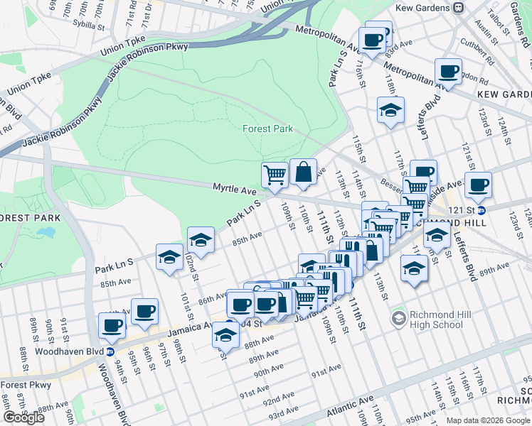 map of restaurants, bars, coffee shops, grocery stores, and more near 84-18 108th Street in Queens