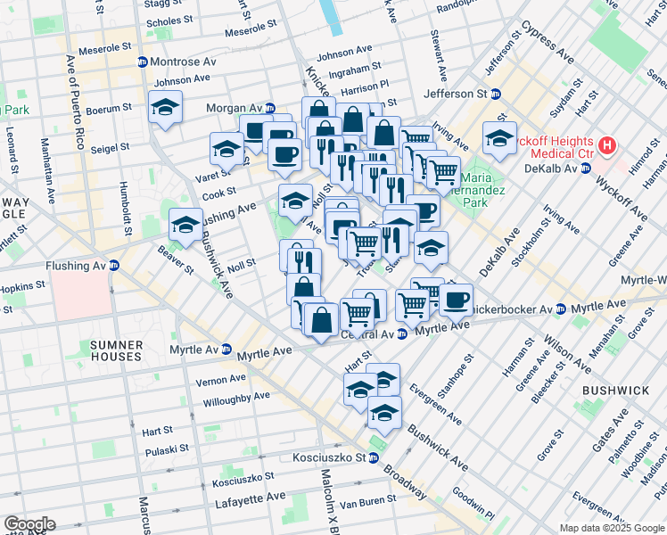 map of restaurants, bars, coffee shops, grocery stores, and more near 69 Melrose Street in Brooklyn