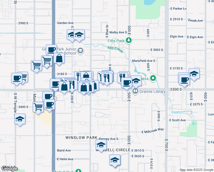 map of restaurants, bars, coffee shops, grocery stores, and more near 3224 400 South in Salt Lake City