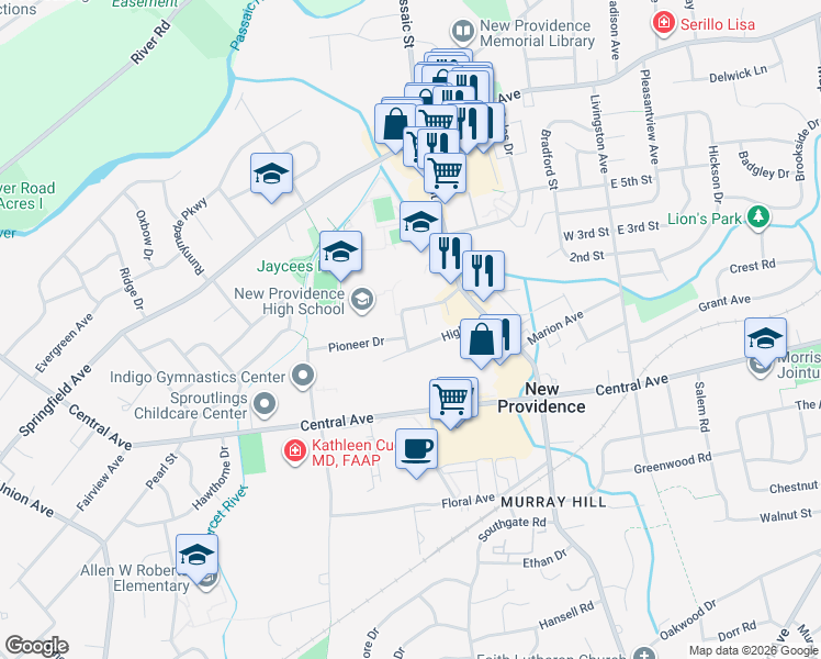 map of restaurants, bars, coffee shops, grocery stores, and more near 53 Westview Avenue in New Providence