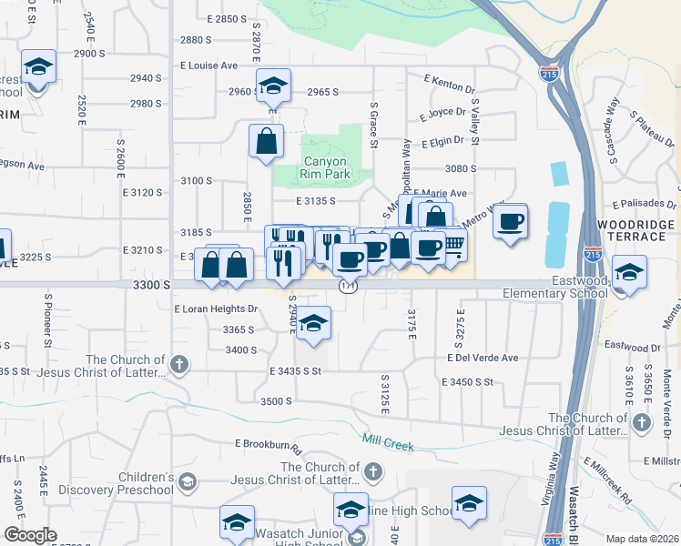 map of restaurants, bars, coffee shops, grocery stores, and more near 3041 East 3300 South in Salt Lake City