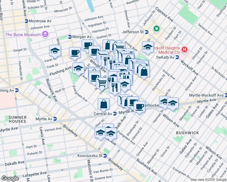 map of restaurants, bars, coffee shops, grocery stores, and more near 20 Starr Street in Brooklyn