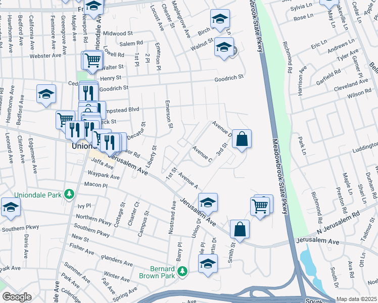map of restaurants, bars, coffee shops, grocery stores, and more near 1st Street in Uniondale