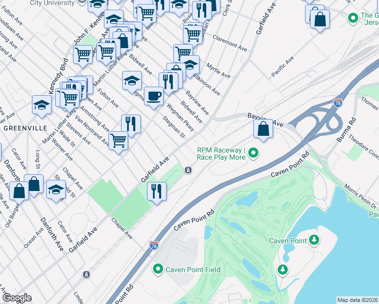 map of restaurants, bars, coffee shops, grocery stores, and more near 593 Garfield Avenue in Jersey City