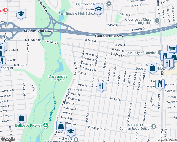 map of restaurants, bars, coffee shops, grocery stores, and more near 224 Aster Street in Massapequa Park