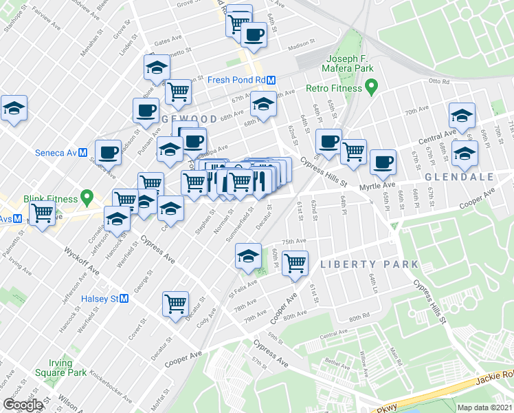 map of restaurants, bars, coffee shops, grocery stores, and more near 59-48 Summerfield Street in Queens
