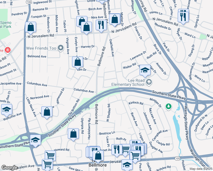 map of restaurants, bars, coffee shops, grocery stores, and more near 2745 Preston Place in North Bellmore