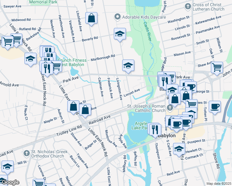 map of restaurants, bars, coffee shops, grocery stores, and more near 43 Frederick Avenue in Babylon