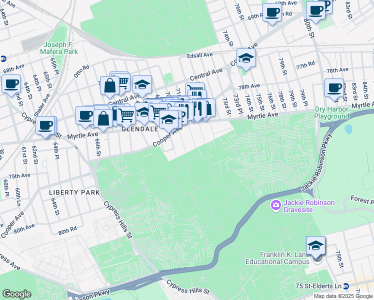 map of restaurants, bars, coffee shops, grocery stores, and more near 73-35 71st Street in Queens