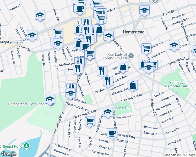 map of restaurants, bars, coffee shops, grocery stores, and more near 17 Maple Avenue in Hempstead