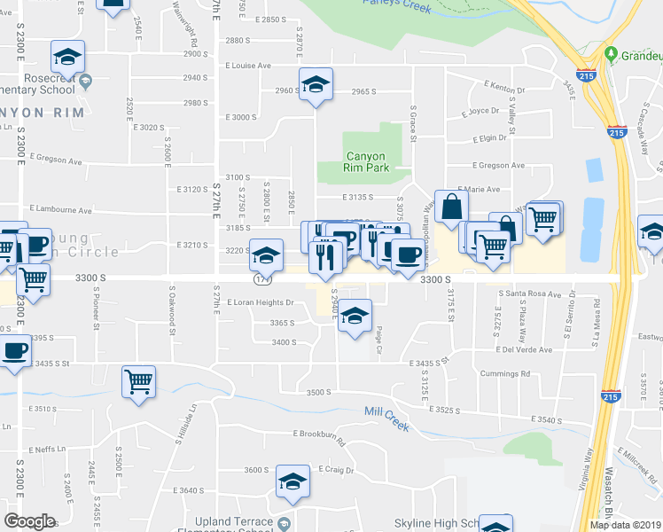 map of restaurants, bars, coffee shops, grocery stores, and more near 2905 3215 South in Salt Lake City