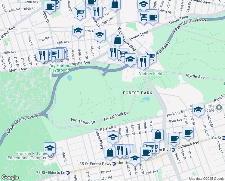 map of restaurants, bars, coffee shops, grocery stores, and more near Forest Park Drive in Queens