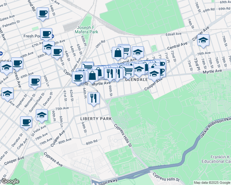 map of restaurants, bars, coffee shops, grocery stores, and more near 72-38 66th Place in Queens