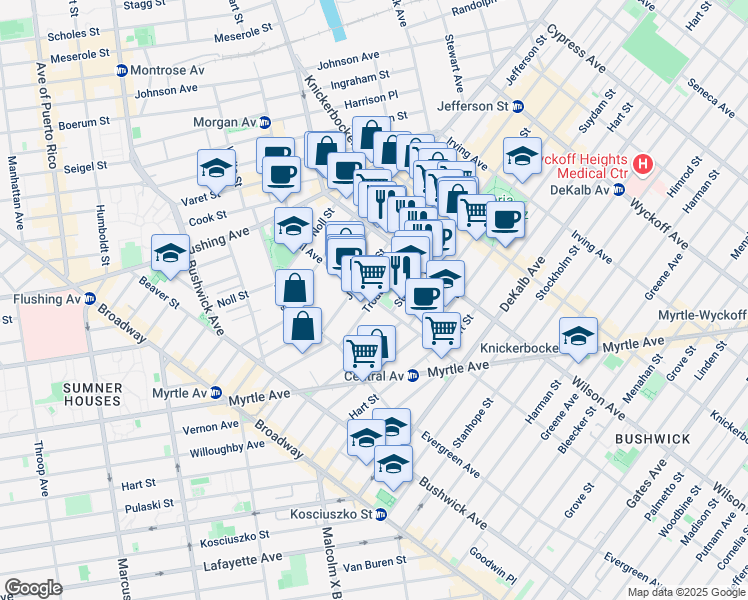 map of restaurants, bars, coffee shops, grocery stores, and more near Central Avenue & Troutman Street in Brooklyn