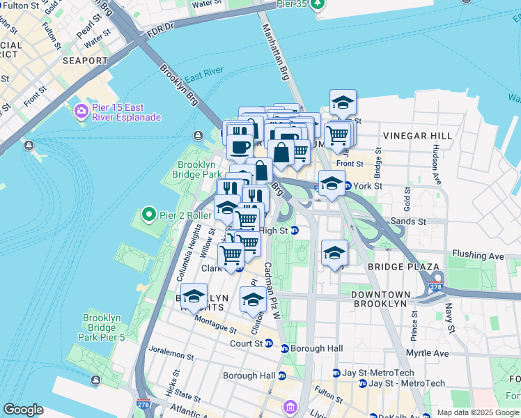 map of restaurants, bars, coffee shops, grocery stores, and more near 71 Poplar Street in Brooklyn