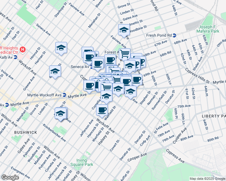 map of restaurants, bars, coffee shops, grocery stores, and more near 56-16 Catalpa Avenue in Queens
