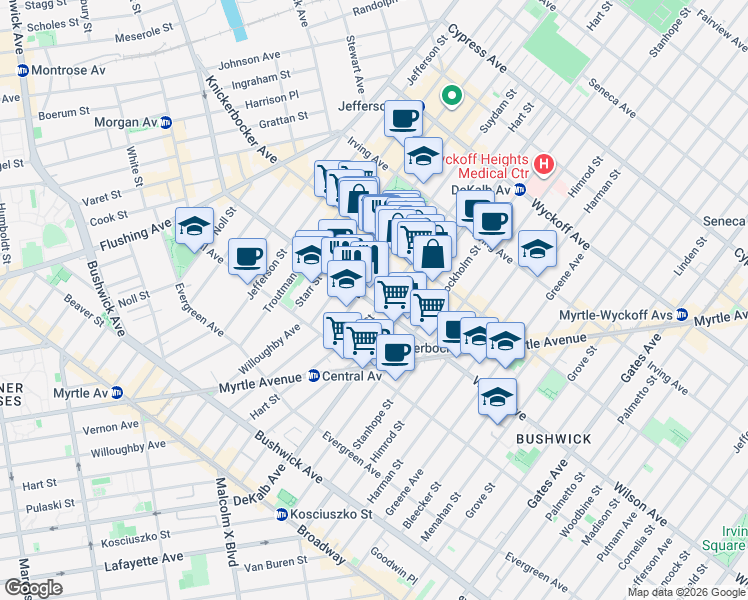 map of restaurants, bars, coffee shops, grocery stores, and more near 228 Suydam Street in Brooklyn