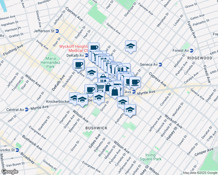 map of restaurants, bars, coffee shops, grocery stores, and more near 337 Bleecker Street in Brooklyn