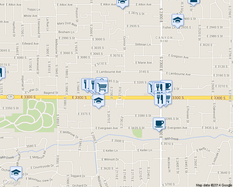 map of restaurants, bars, coffee shops, grocery stores, and more near 3215 South 2100 East in Salt Lake City