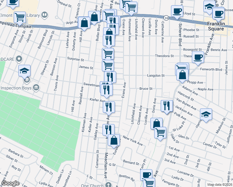 map of restaurants, bars, coffee shops, grocery stores, and more near 1301 Tribune Avenue in Elmont
