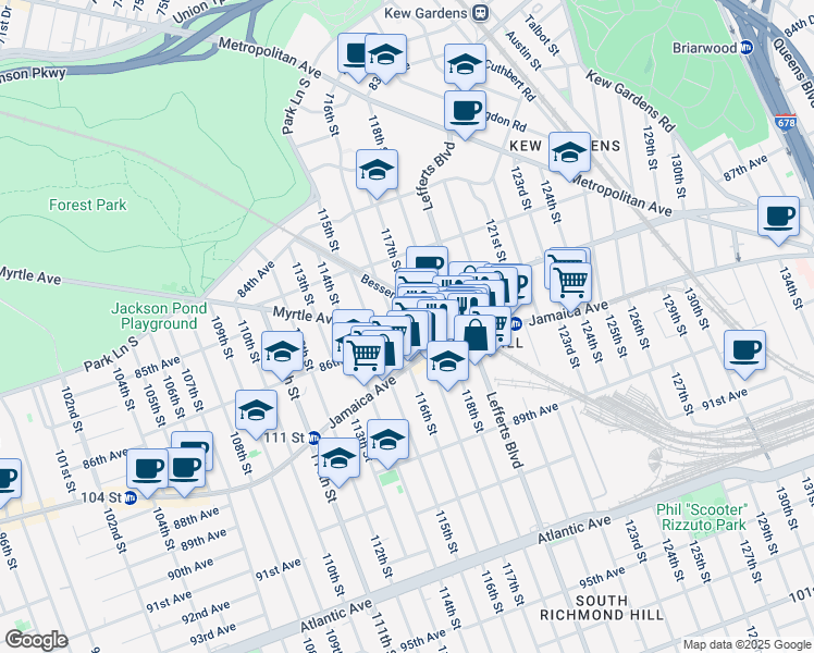 map of restaurants, bars, coffee shops, grocery stores, and more near 85-60 118th Street in Queens