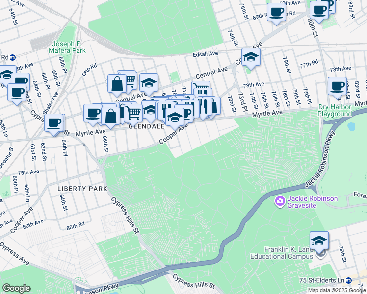 map of restaurants, bars, coffee shops, grocery stores, and more near 73-20 70th Street in Queens