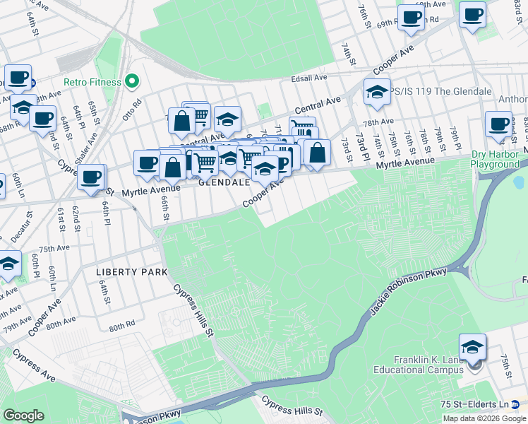 map of restaurants, bars, coffee shops, grocery stores, and more near 6907 Cooper Avenue in Queens