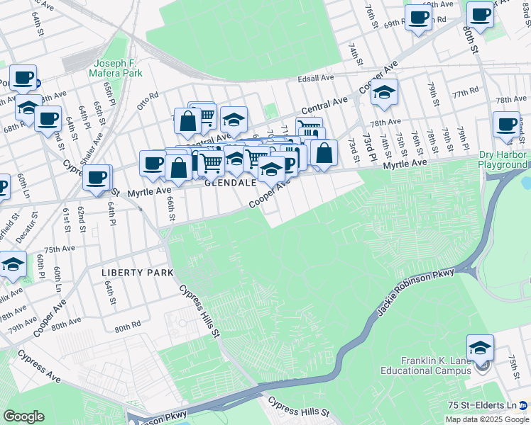 map of restaurants, bars, coffee shops, grocery stores, and more near 6907 Cooper Avenue in Queens