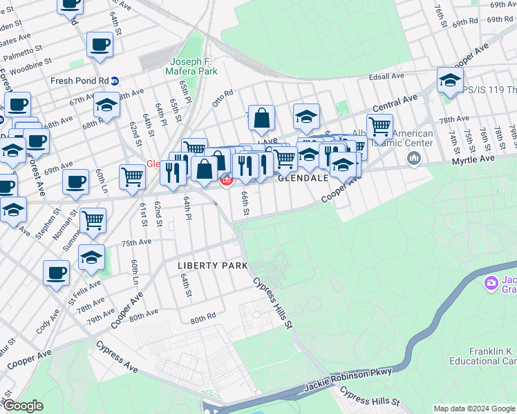 map of restaurants, bars, coffee shops, grocery stores, and more near 72-12 66th Place in Queens