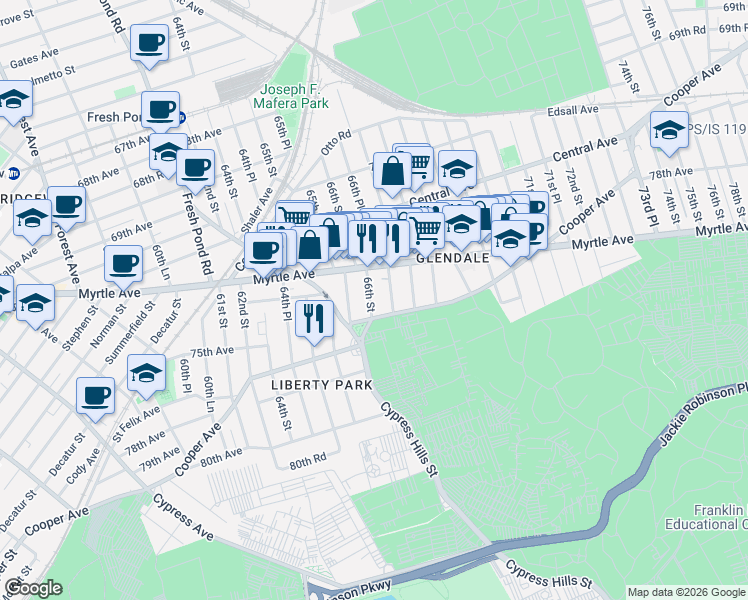 map of restaurants, bars, coffee shops, grocery stores, and more near 72-12 66th Place in Queens