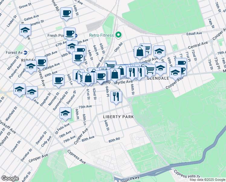 map of restaurants, bars, coffee shops, grocery stores, and more near 65-8 Myrtle Avenue in Queens