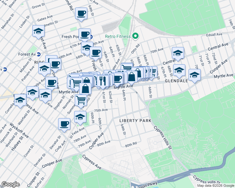 map of restaurants, bars, coffee shops, grocery stores, and more near 6207 Myrtle Avenue in Queens