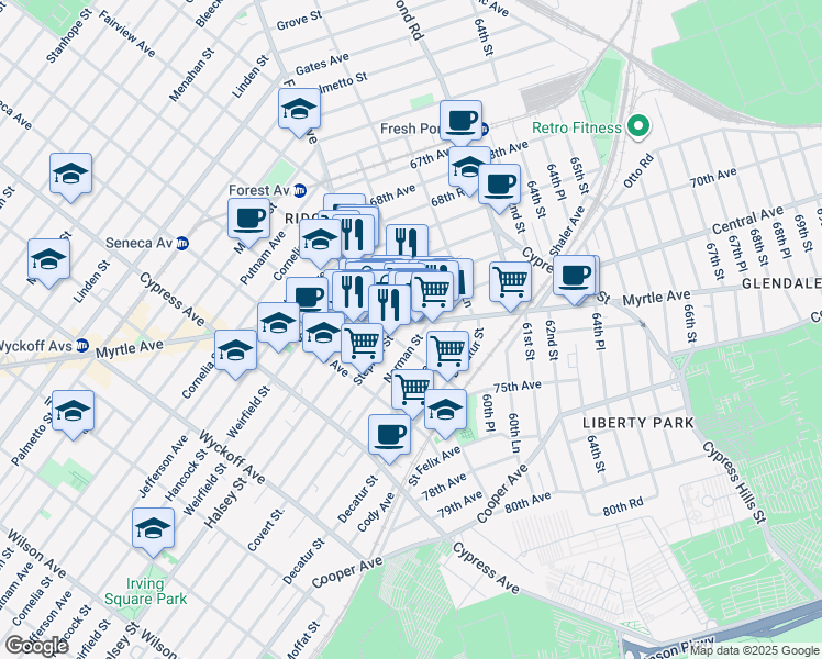 map of restaurants, bars, coffee shops, grocery stores, and more near 59-23 71st Avenue in Queens