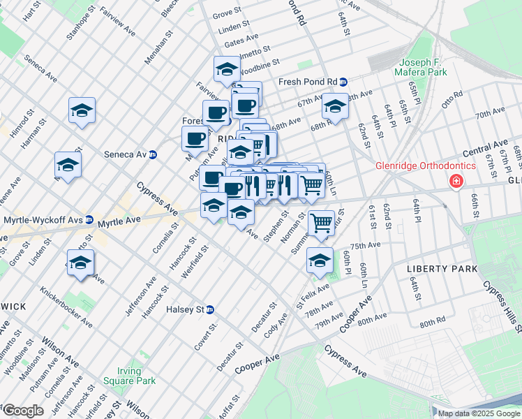map of restaurants, bars, coffee shops, grocery stores, and more near 58-2 Myrtle Avenue in Queens