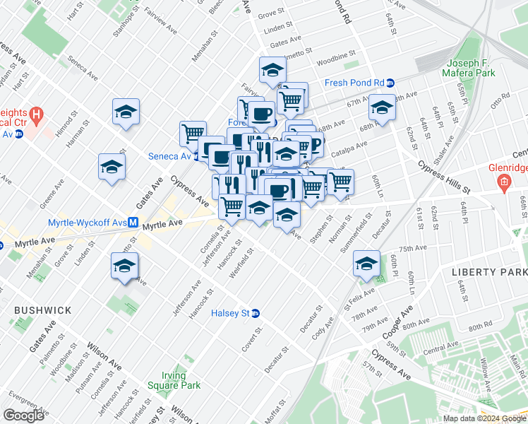 map of restaurants, bars, coffee shops, grocery stores, and more near in Queens