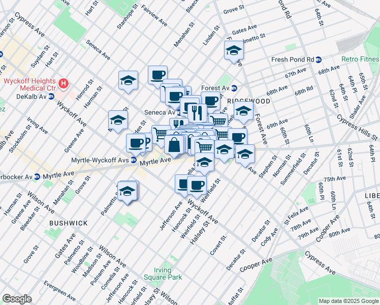 map of restaurants, bars, coffee shops, grocery stores, and more near in Queens