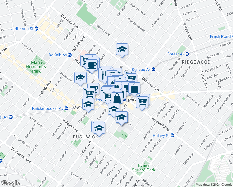 map of restaurants, bars, coffee shops, grocery stores, and more near 401 Linden Street in Brooklyn