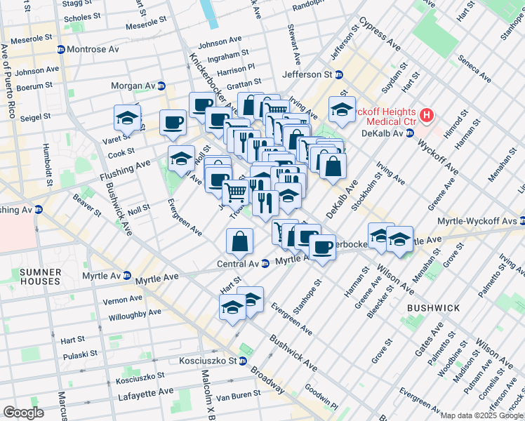 map of restaurants, bars, coffee shops, grocery stores, and more near in Brooklyn