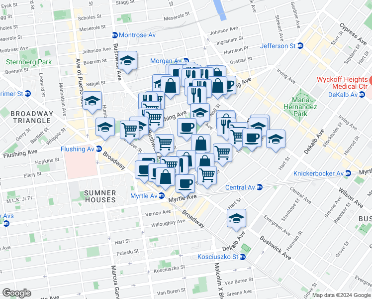 map of restaurants, bars, coffee shops, grocery stores, and more near 74 Evergreen Avenue in Brooklyn