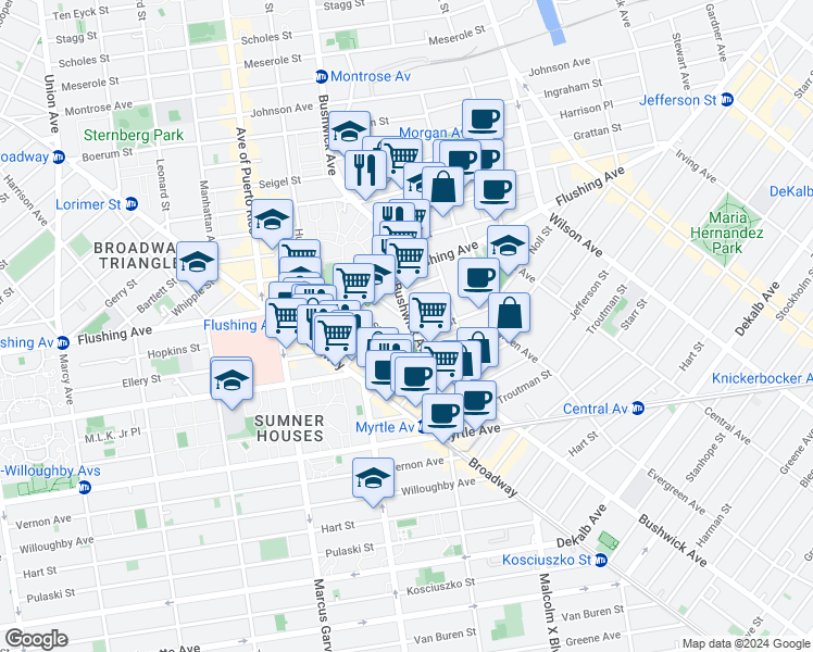 map of restaurants, bars, coffee shops, grocery stores, and more near 489 Bushwick Avenue in Brooklyn