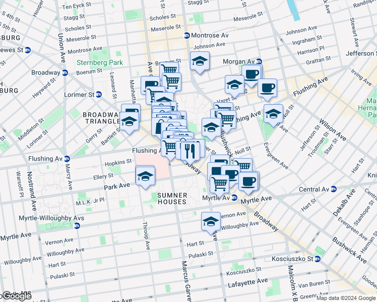 map of restaurants, bars, coffee shops, grocery stores, and more near 39 Fayette Street in Brooklyn
