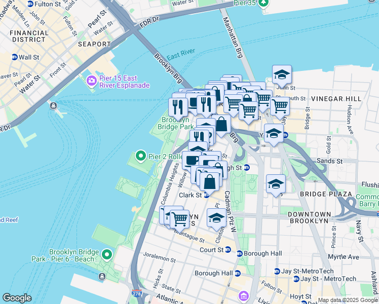 map of restaurants, bars, coffee shops, grocery stores, and more near 68 Columbia Heights in Brooklyn