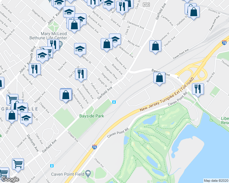 map of restaurants, bars, coffee shops, grocery stores, and more near 593 Garfield Avenue in Jersey City