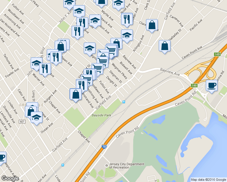map of restaurants, bars, coffee shops, grocery stores, and more near 17 Bayside Place in Jersey City