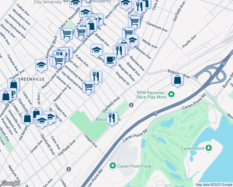 map of restaurants, bars, coffee shops, grocery stores, and more near 17 Bayside Place in Jersey City