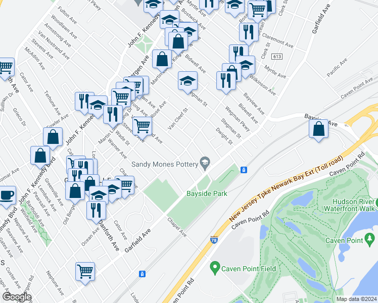 map of restaurants, bars, coffee shops, grocery stores, and more near 415 Ocean Avenue in Jersey City
