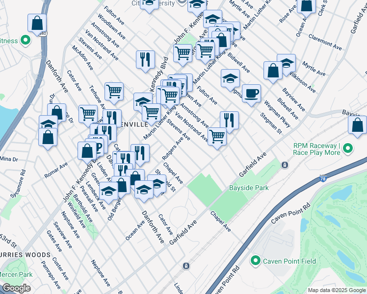 map of restaurants, bars, coffee shops, grocery stores, and more near 111 Rutgers Avenue in Jersey City